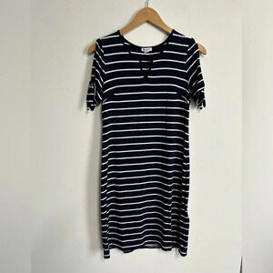 Blue White Striped Dress XS Stretch Nautical Preppy Cold Shoulder Coastal Beachy